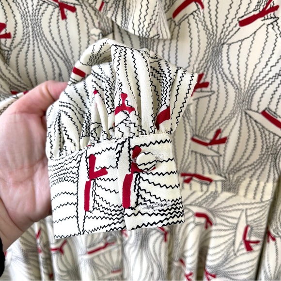 Bergdorf Goodman Bow-Neck Hat Print Silk Cream Red Easter Silk Midi Dress Size L - Picture 4 of 10